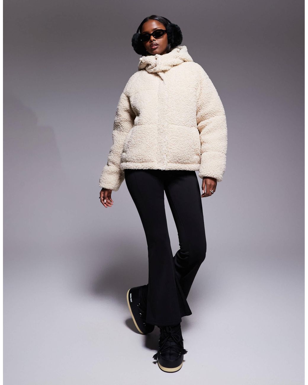 Threadbare Natural Ski Short Borg Puffer Jacket With Hood