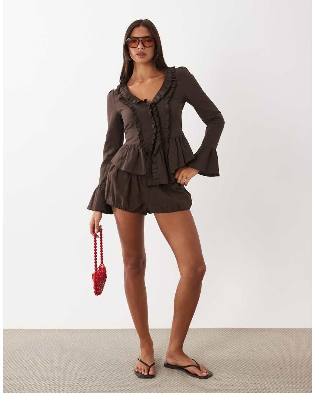 Lioness Brown Odette Linen Rich Ruffle Detail Long Sleeve Flare Sleeve Top Co-ord