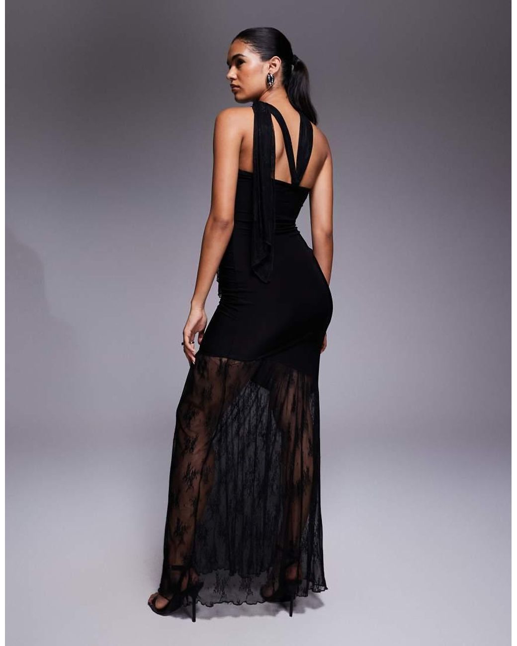 Fashionkilla Blue Exclusive Double Sculpted Slinky Bandeau Sheer Lace Hem Scarf Detail Maxi Dress