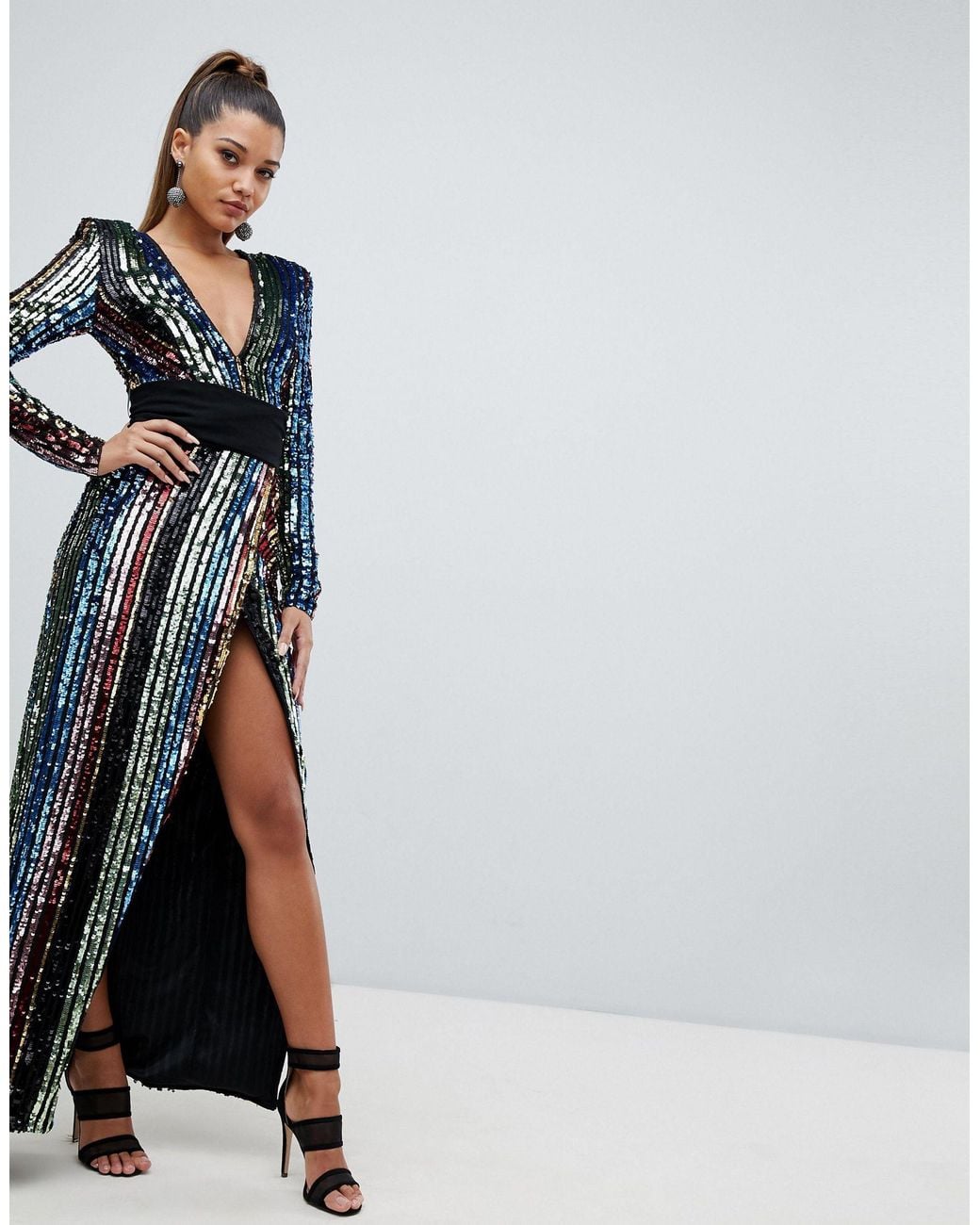 club l rainbow sequin wrap front maxi dress Michaela Formal Rainbow Sequin Dress