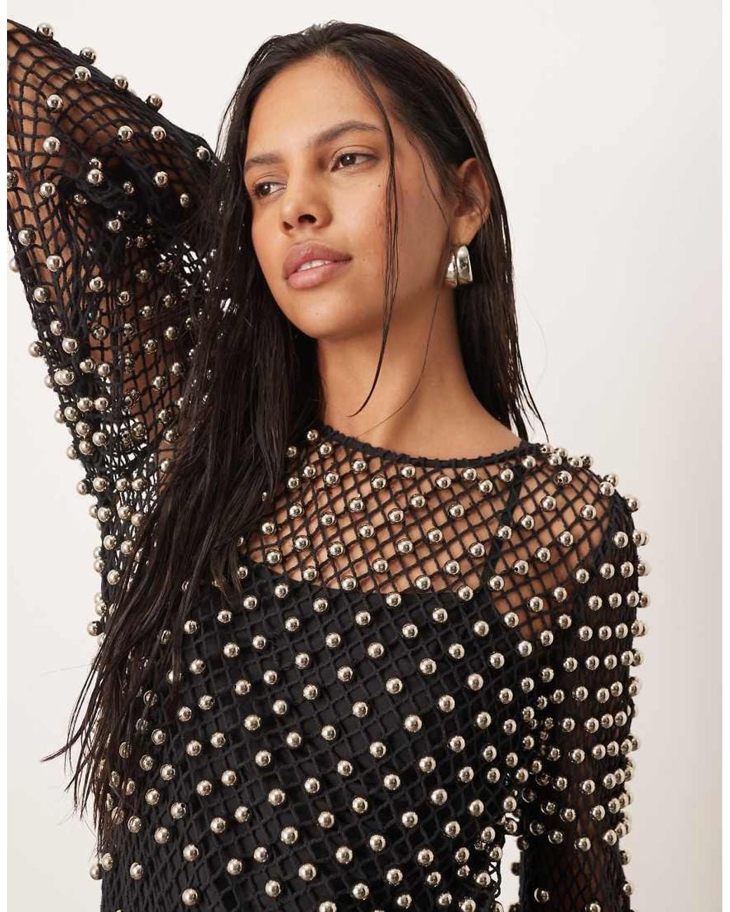 ARRANGE Natural Embellished Mesh Long Sleeve Maxi Dress