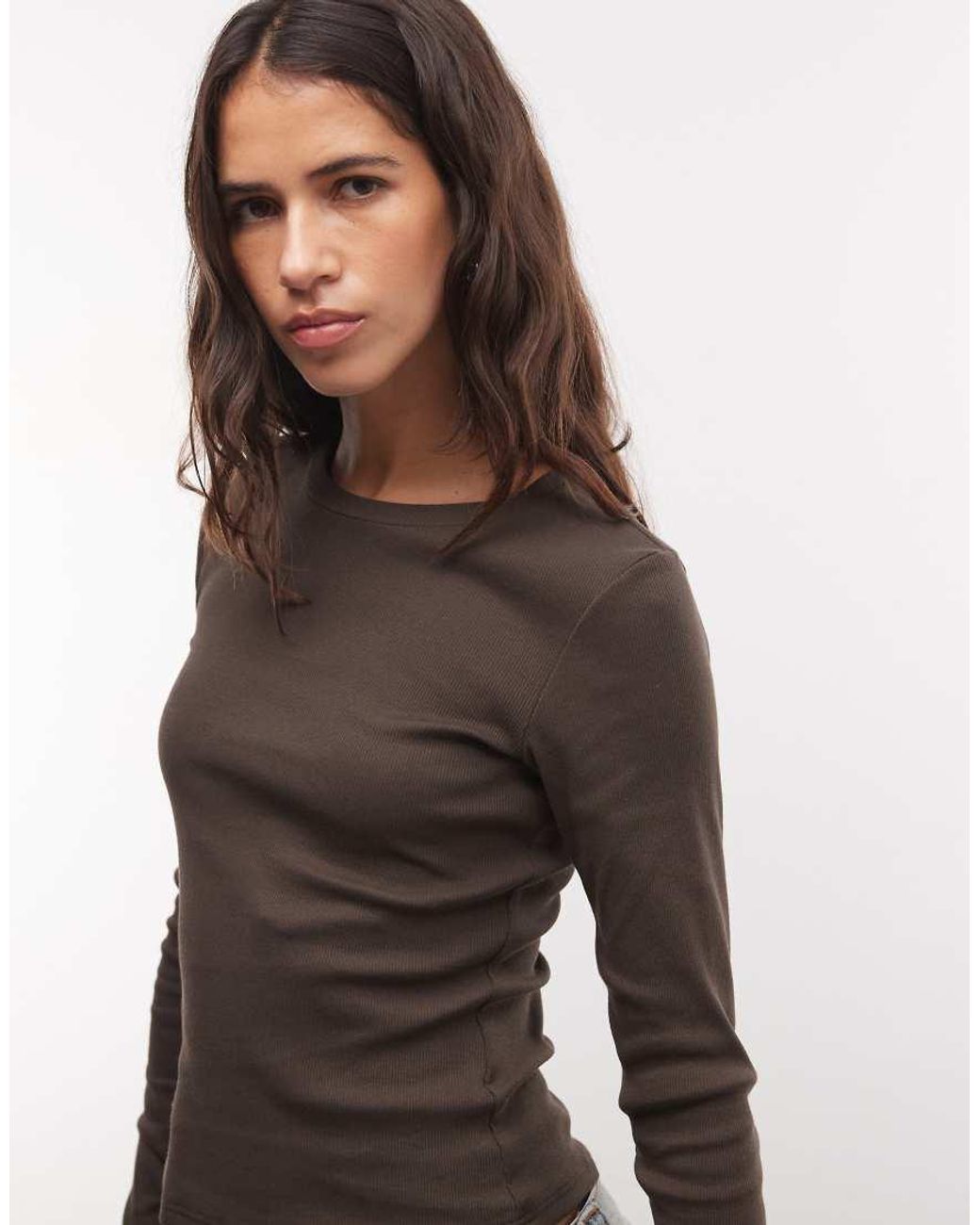 Monki Brown Ribbed Long Sleeve Top