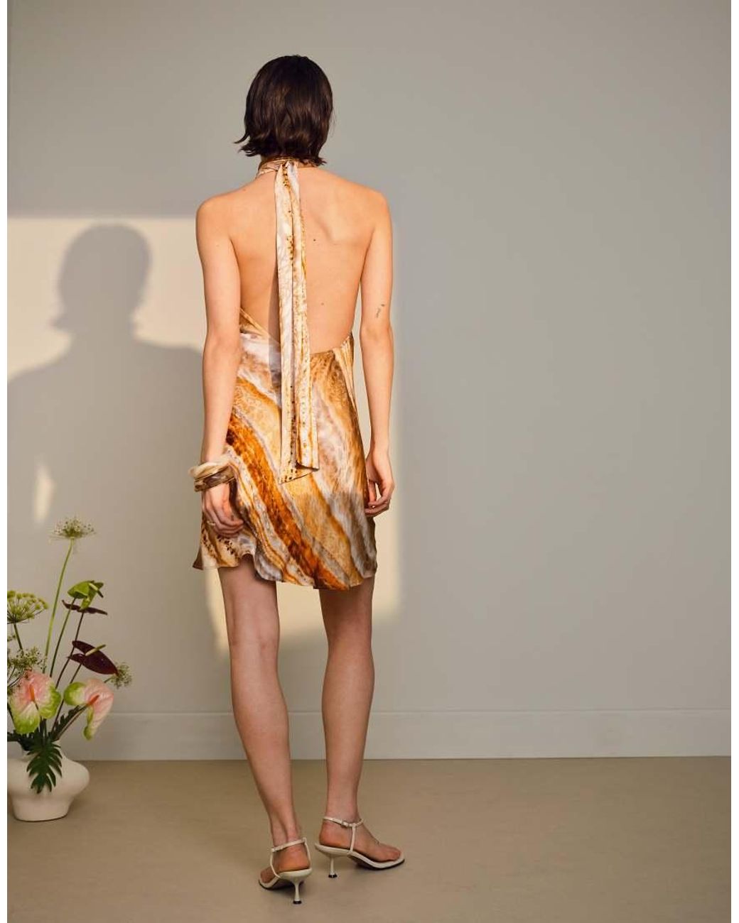 TOPSHOP Natural Tie Neck Halter Mini Dress Satin