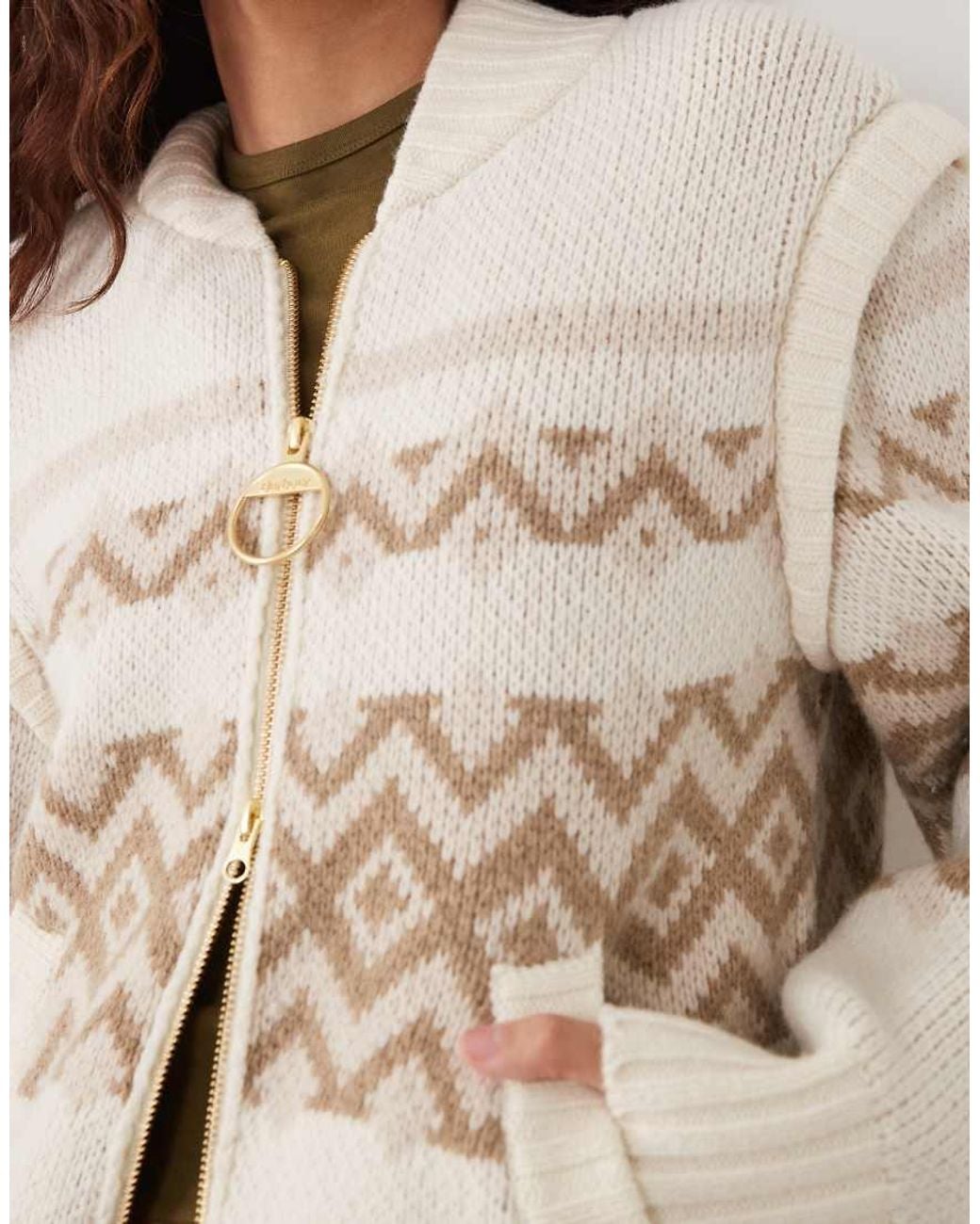 Barbour Natural Maplewood Zip Through Fairisle Stripe Knitted Cardigan