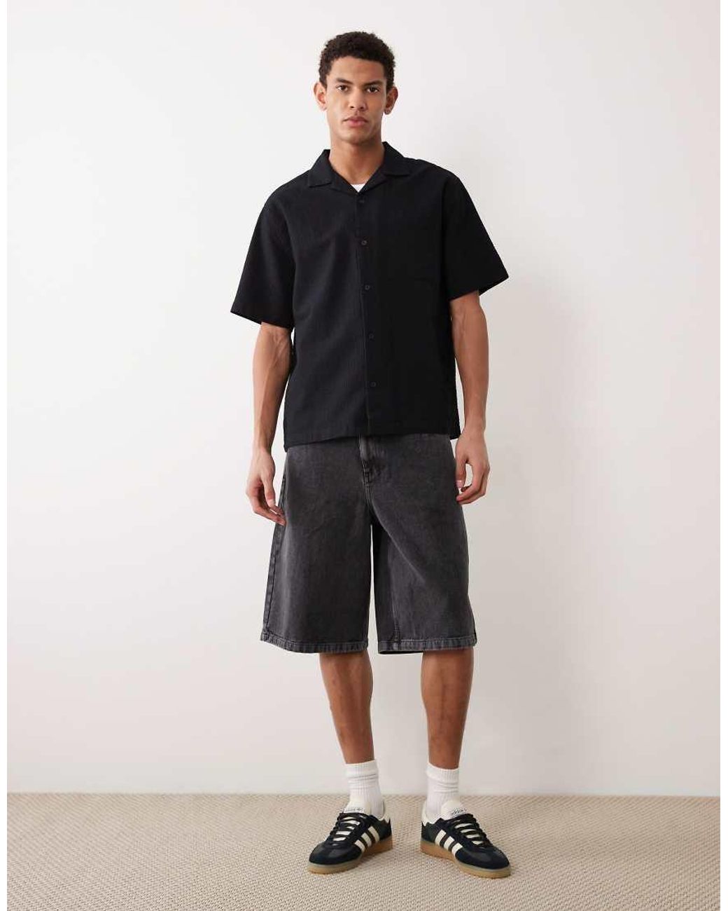 ASOS Black Relaxed Revere Seersucker Shirt for men