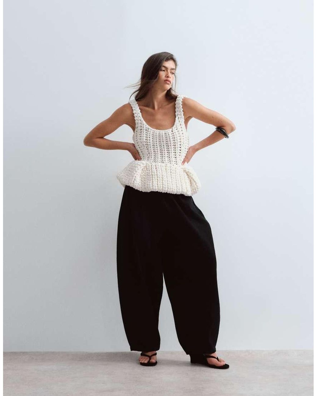 ARRANGE White Chunky Hand Knit Peplum Top