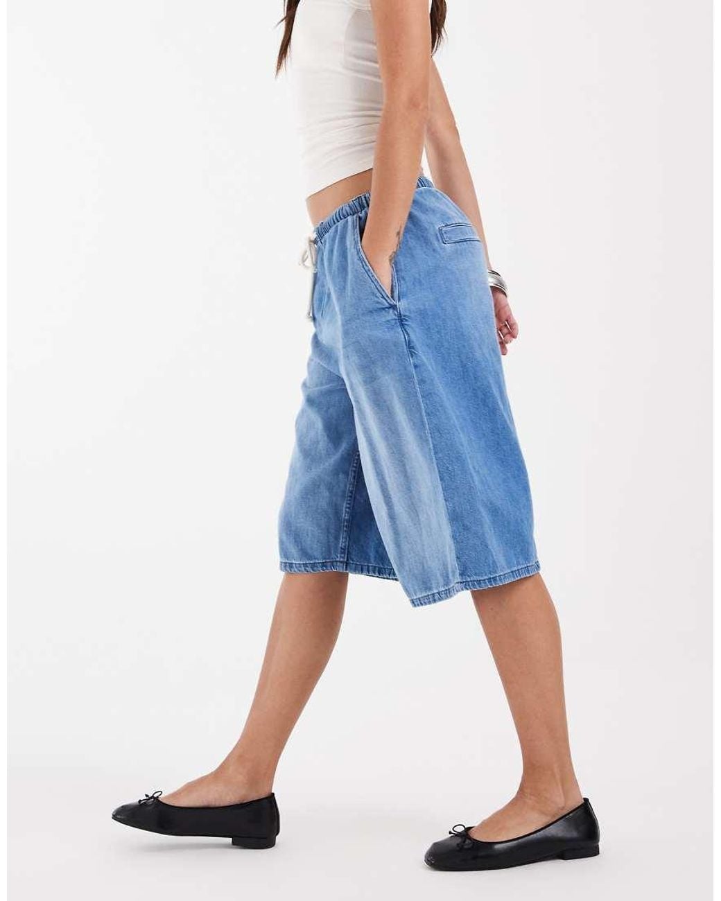 ASOS Blue Denim Loose Bermuda Shorts With Tie Waist Detail
