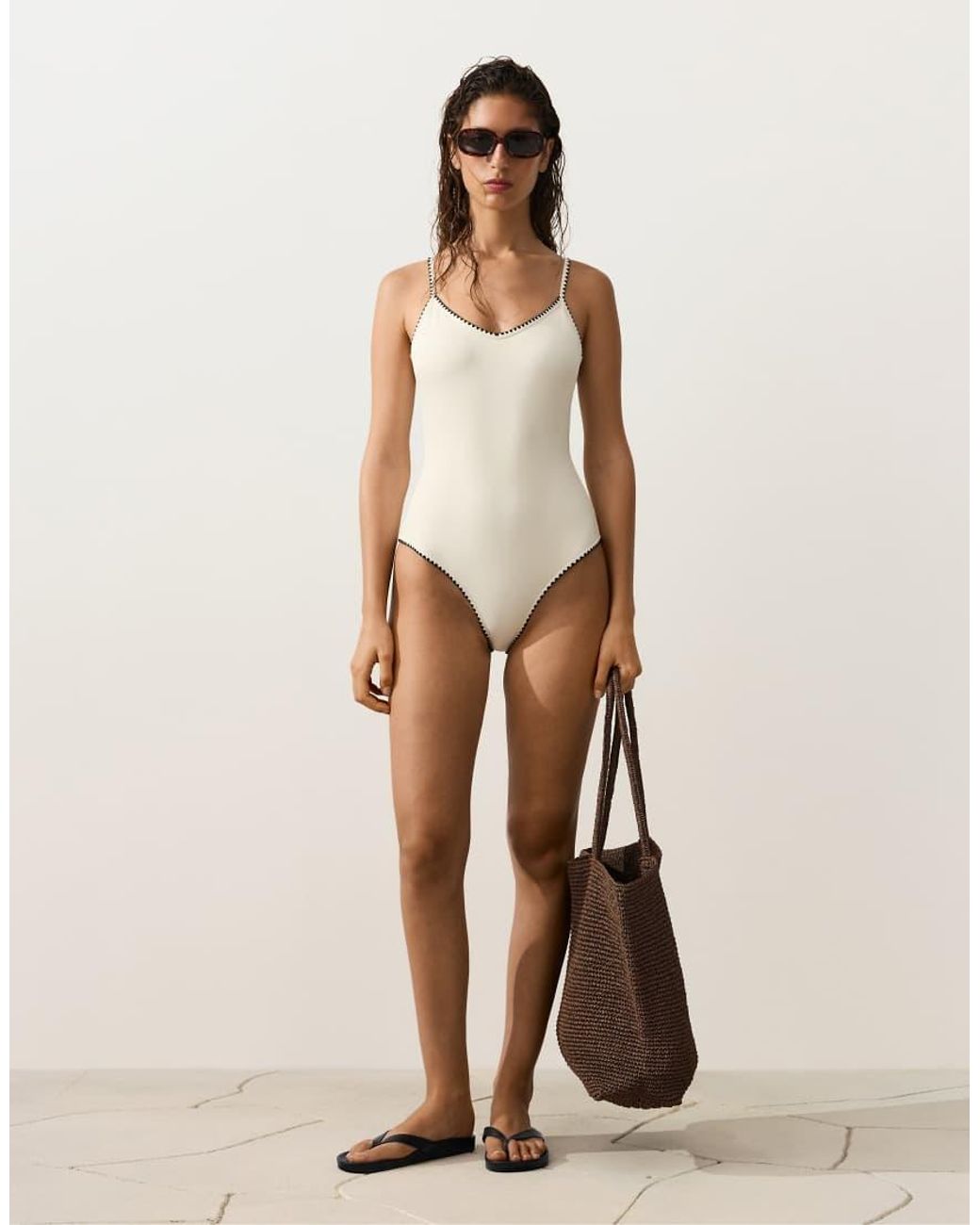 Oysho White Contrast Stitch Swimsuit