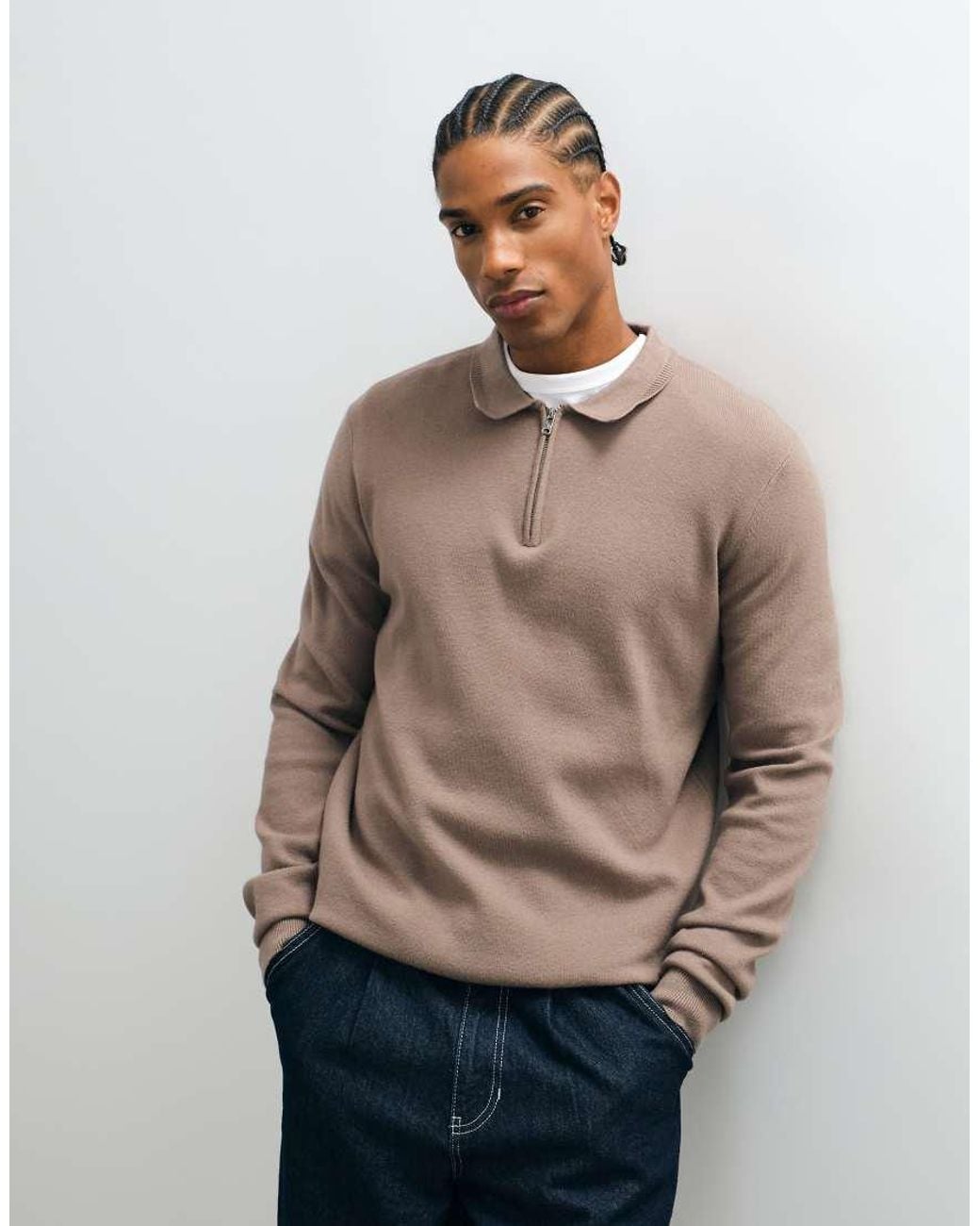 Threadbare Natural 1/4 Zip Knitted Polo for men