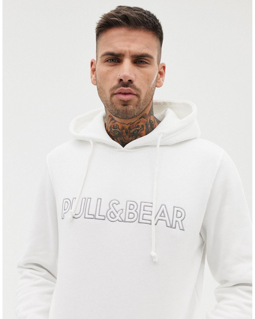 Pull&Bear Logo Hoodie in White for Men | Lyst