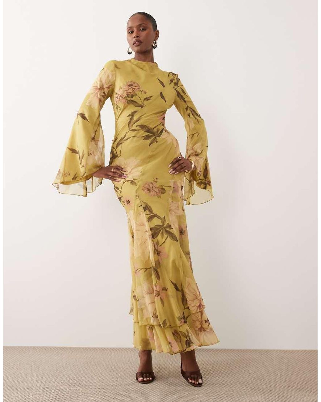 ASOS Metallic Long Sleeve High Neck Maxi Dress With Ruffle Godets And Flute Sleeves