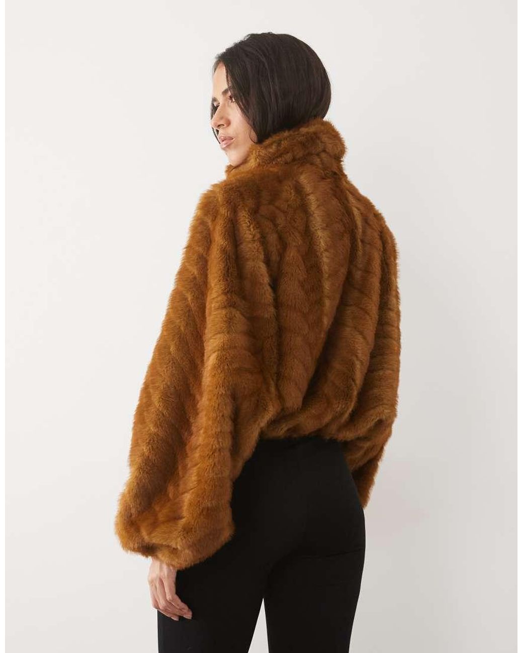 AFRM Natural Kyoto Chevron Faux Fur Funnel Neck Bubble Hem Bomber