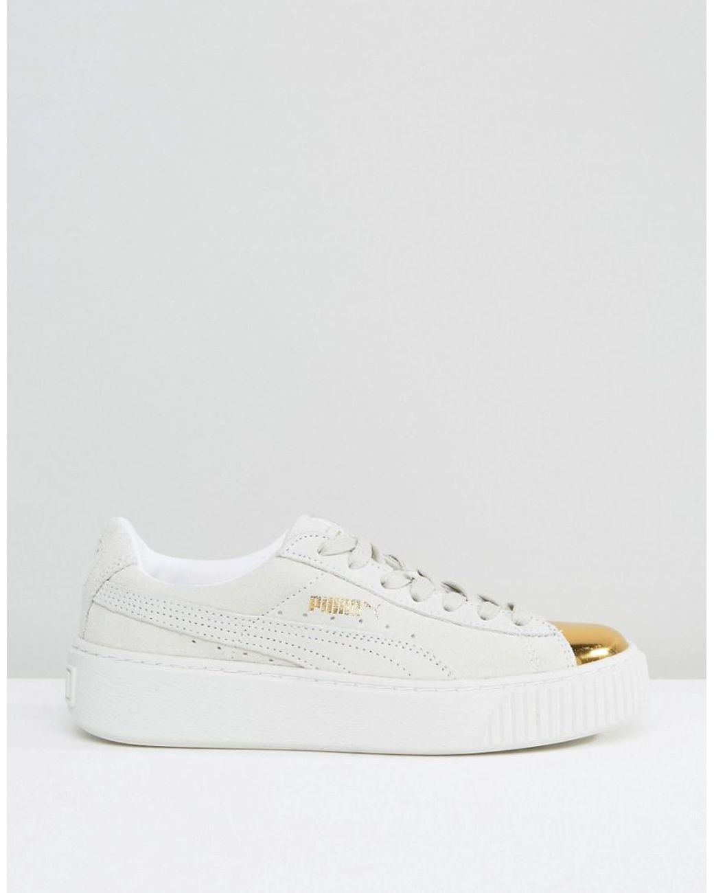 PUMA Suede Platform Trainers In White With Gold Toe Cap | Lyst