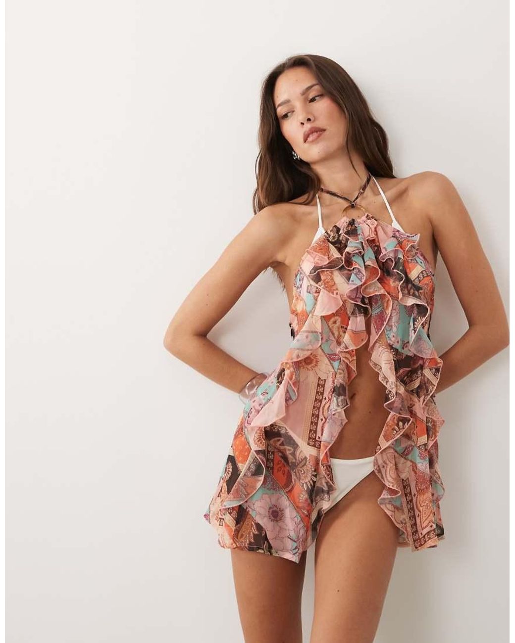 Miss Selfridge Brown Beach Ring Detail Halterneck Cut About Scarf Print Cover Up