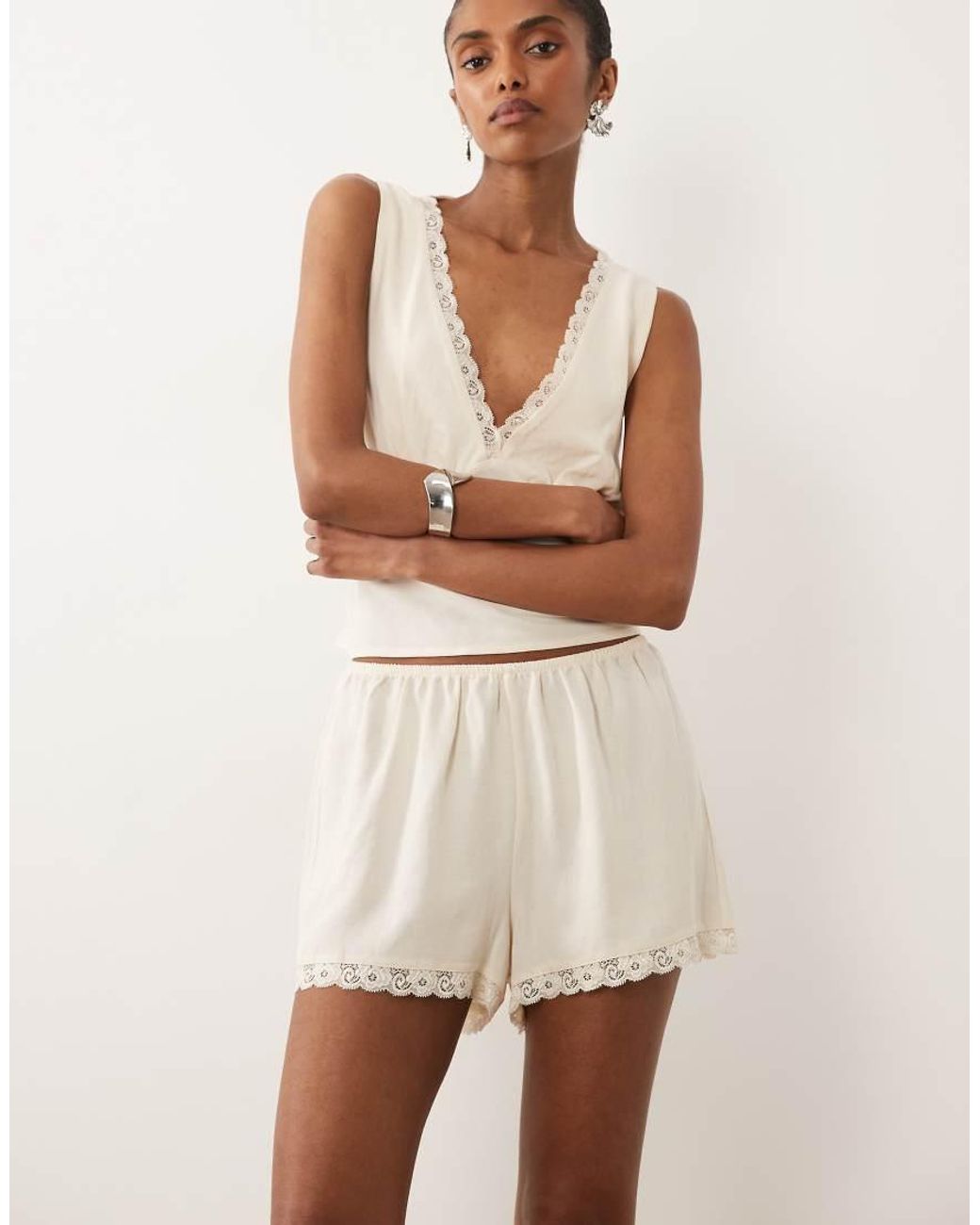 ASOS Natural Linen Blend Pull On Short With Lace Trim