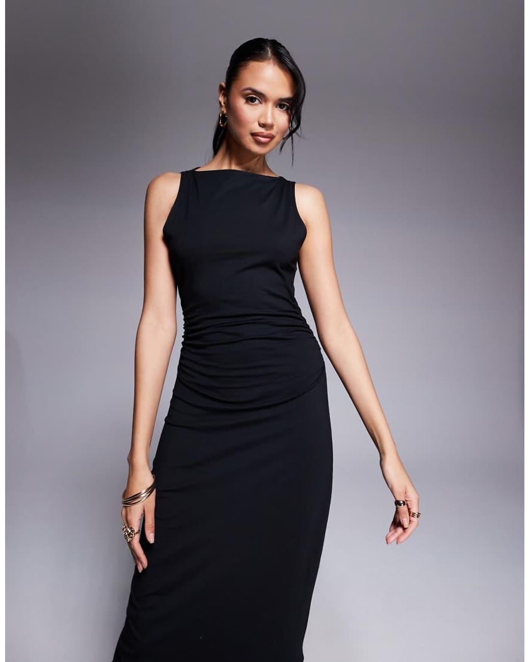 ASOS Black Boat Neck Maxi Dress With Ruched Sides
