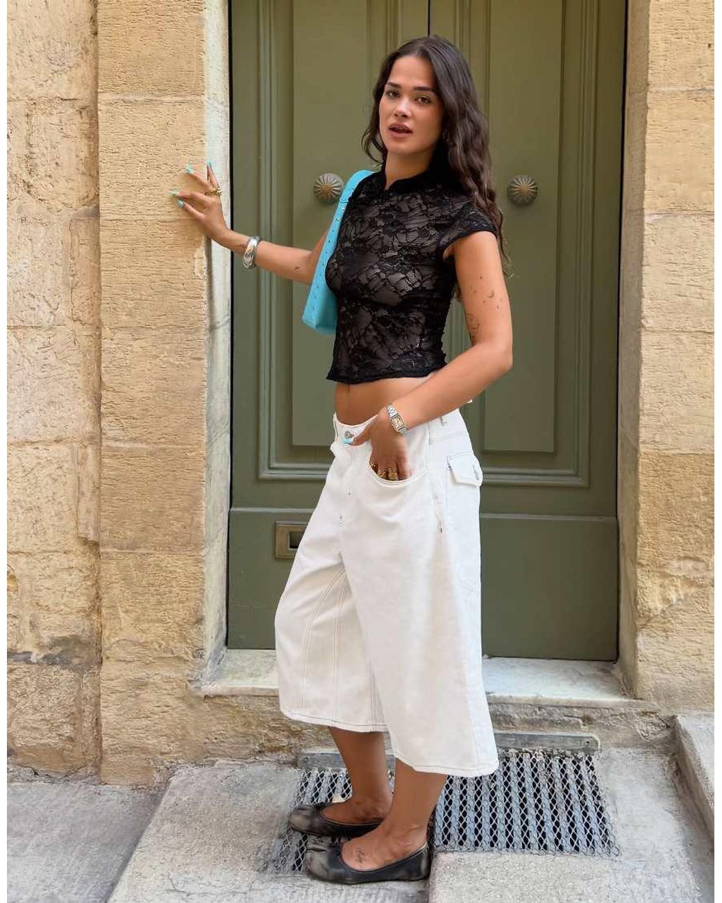 Bershka White Slouchy Denim Bermuda Shorts