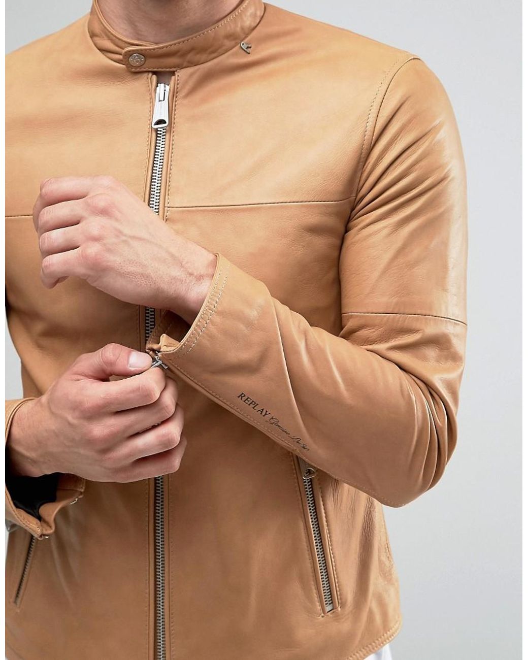Replay Men's Brown Leather Biker Jacket In Tan