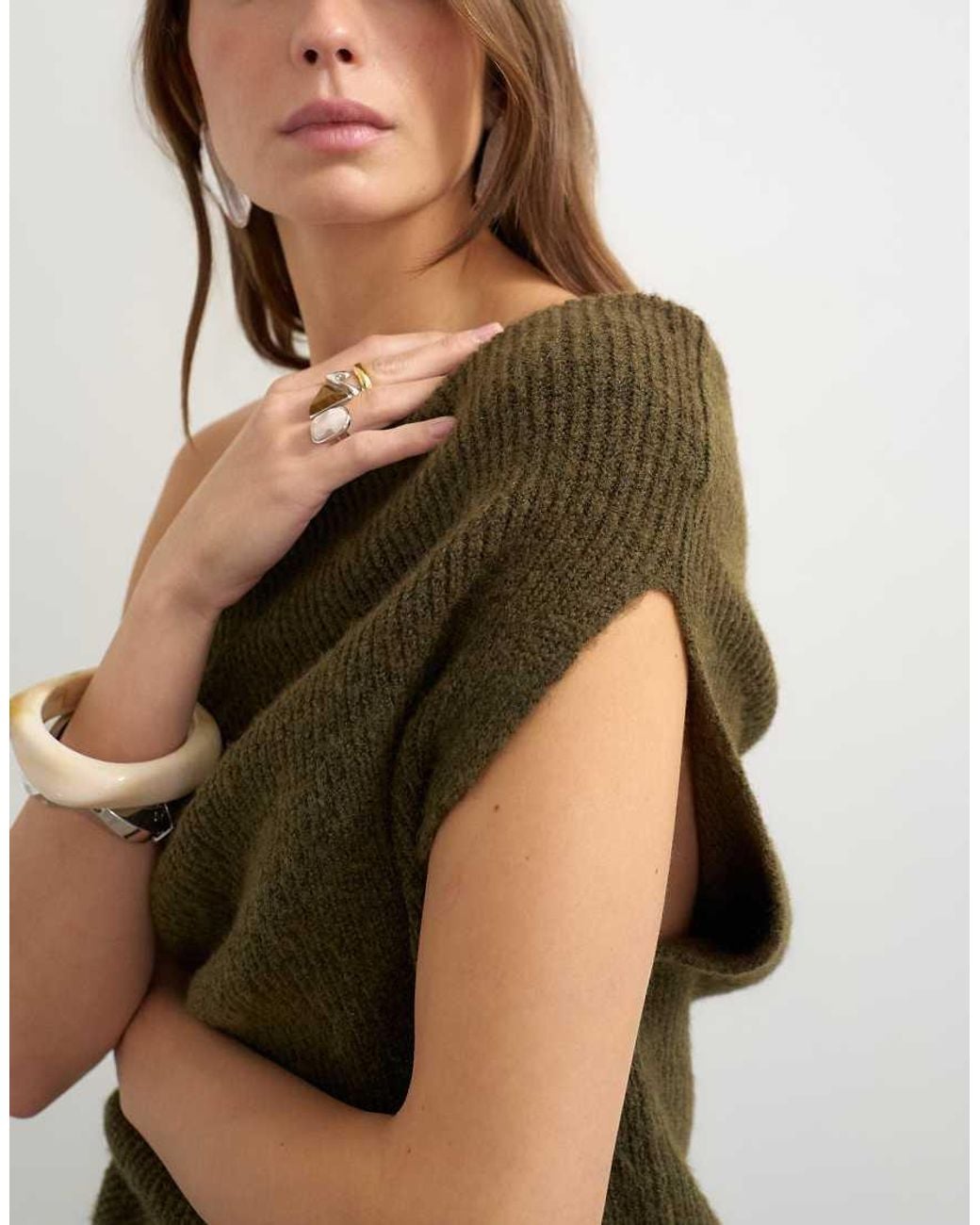 TOPSHOP Green Knitted One Shoulder Draped Top