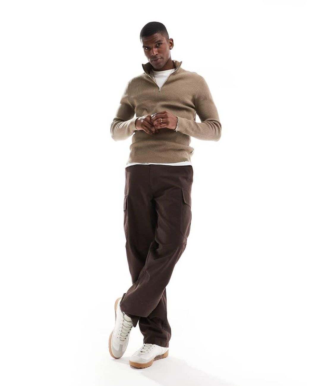Only & Sons Brown Ribbed Half Zip Jumper for men