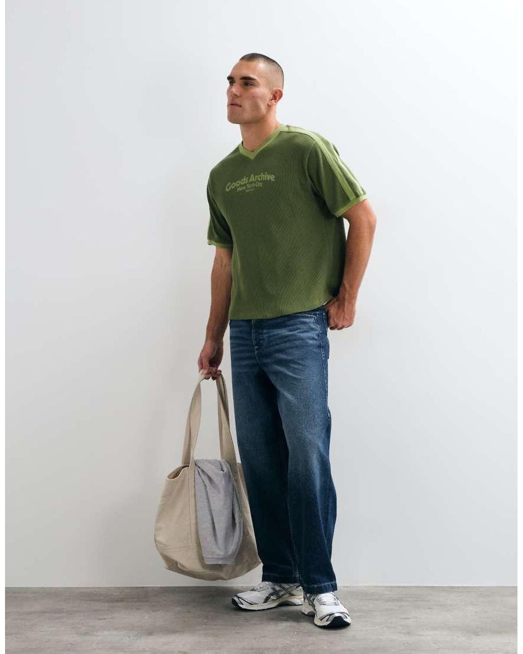 ASOS Green Boxy Relaxed T-shirt With V-neck And Text Print for men