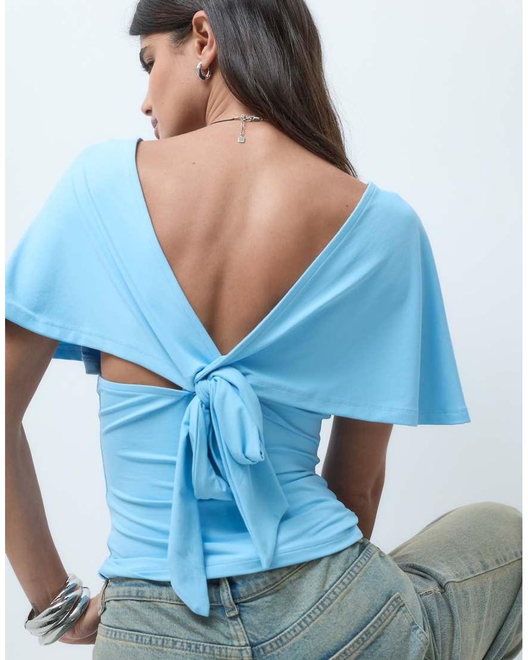 ASOS Blue Polyamide Plunge Sleeveless Tie Back Cinch Top