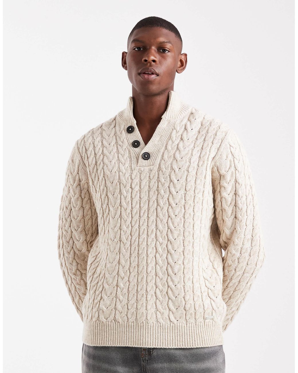 Threadbare Natural Mock Neck Knitted Jumper for men