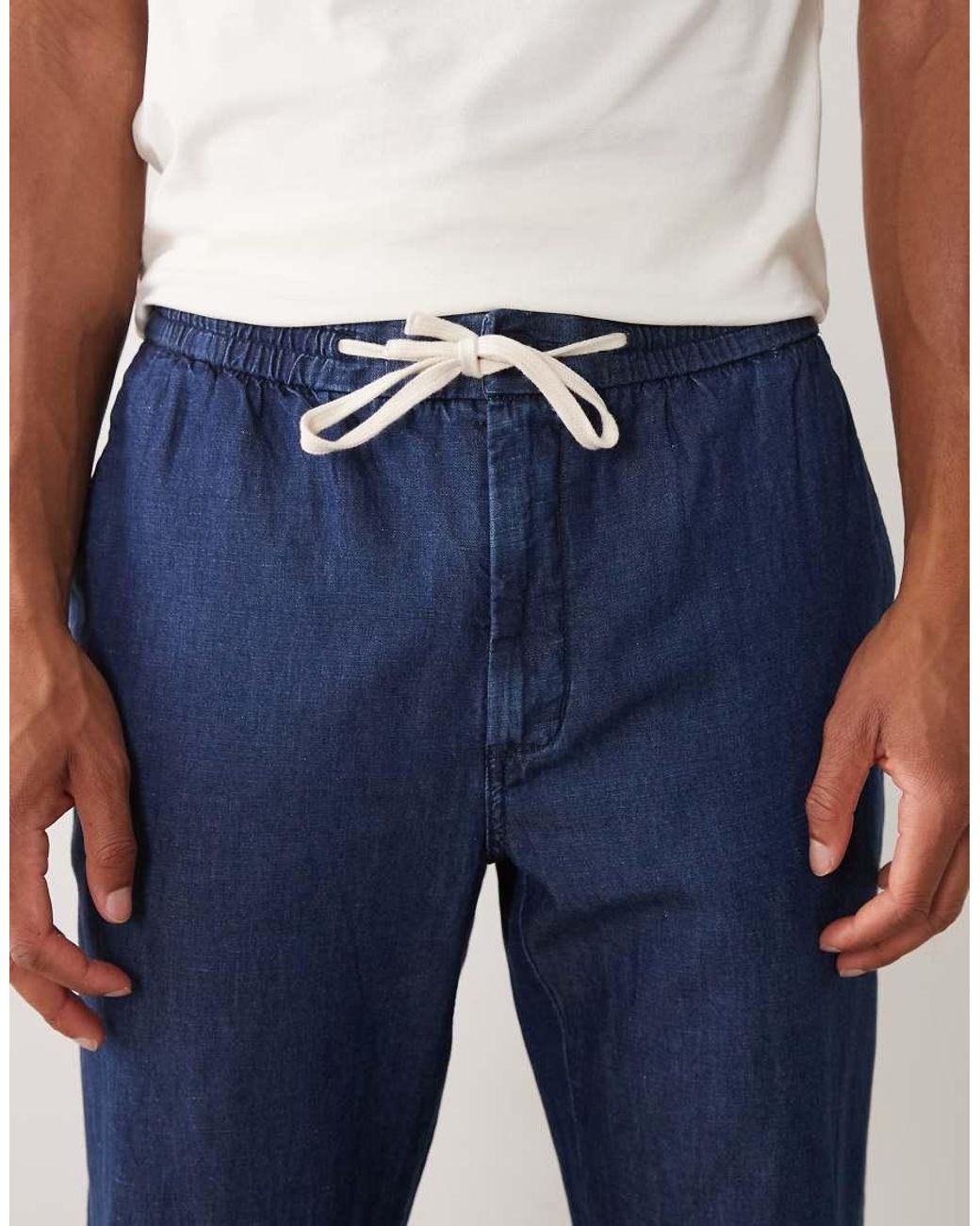 Mango Blue Linen Blend Denim Look Draw String Trousers for men