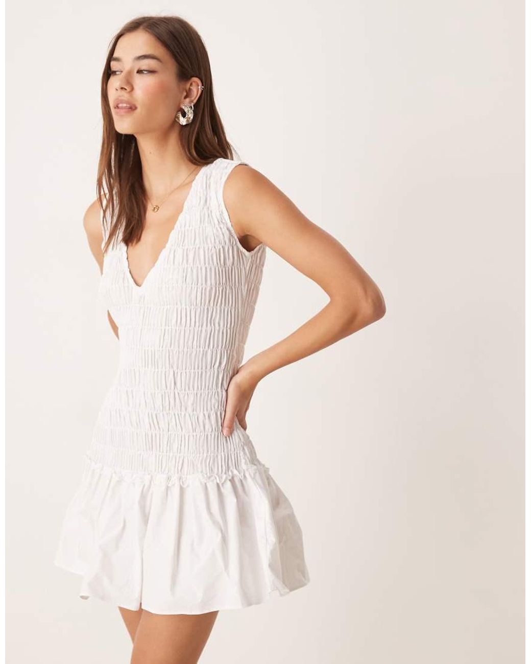 Glamorous Natural Shirred V-Neck Mini Dres