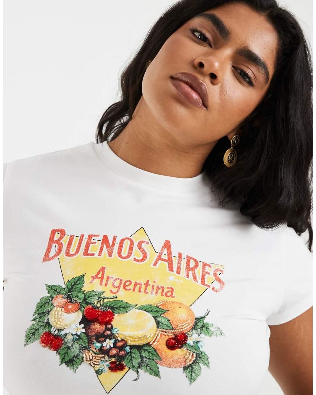 ASOS White Asos Design Curve Baby Tee With Beaded Buenos Aires Fruit Graphic