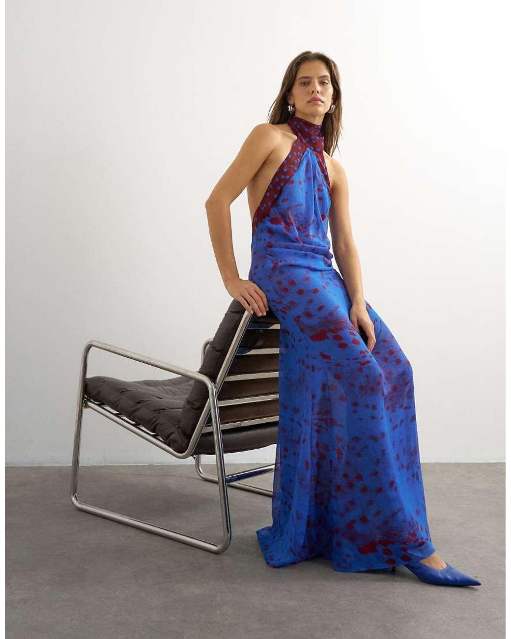 TOPSHOP Blue Chiffon Halter Neck Tucked Side Maxi Dress