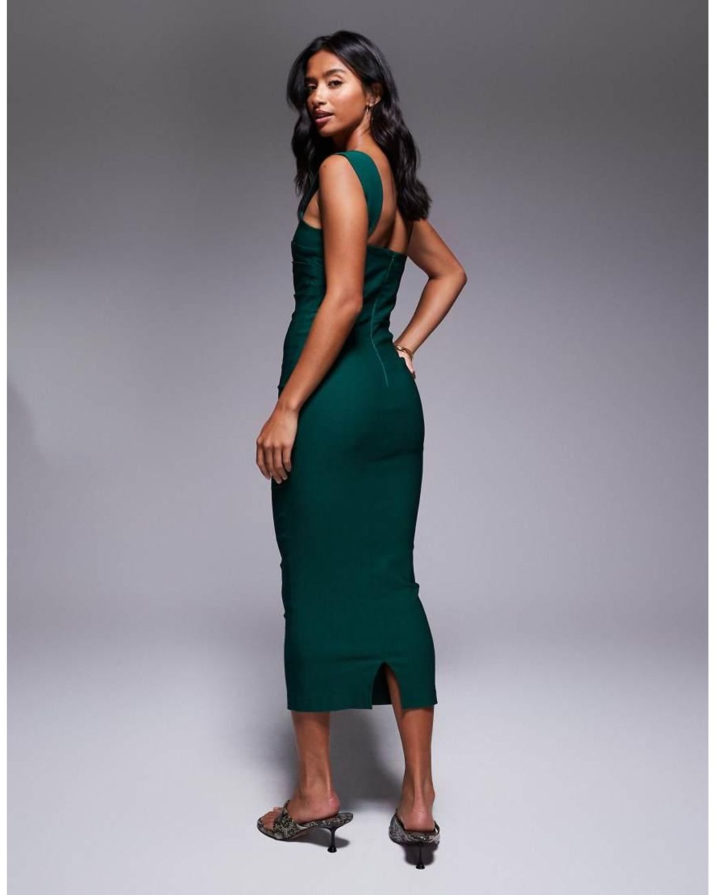 Vesper Petite Green Bengaline Sweetheart Neckline Ruched Front Midaxi Dress