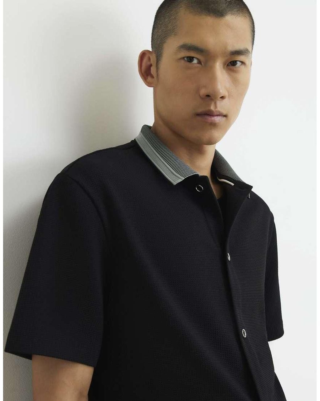 River Island Black Regular Fit Cotton Buttoned Shirt for men
