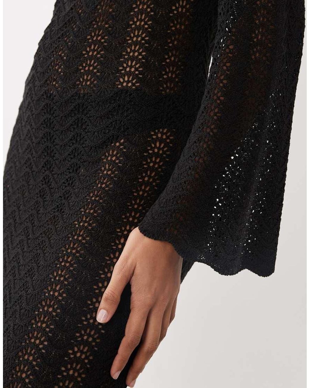 Mango Black Crochet Knit Long Sleeve Maxi Dress