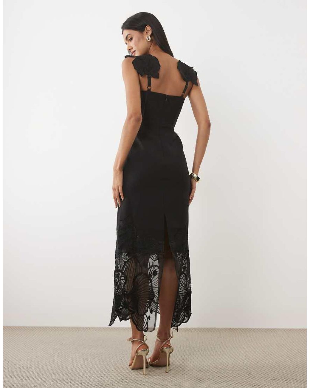 JW PEI Black Lace Embroidered Corset Detail Midi Dress