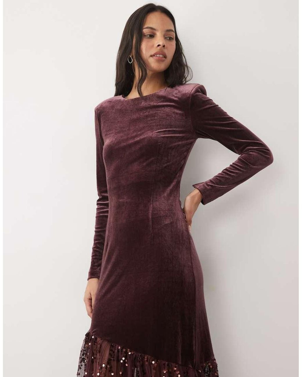 Y.A.S Brown Long Sleeve Velvet Maxi Dress With Asymetric Glitter Hem