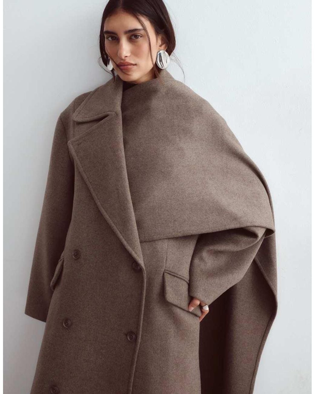 ARRANGE Brown Brushed Wool Double Breasted Coat With Removable Scarf