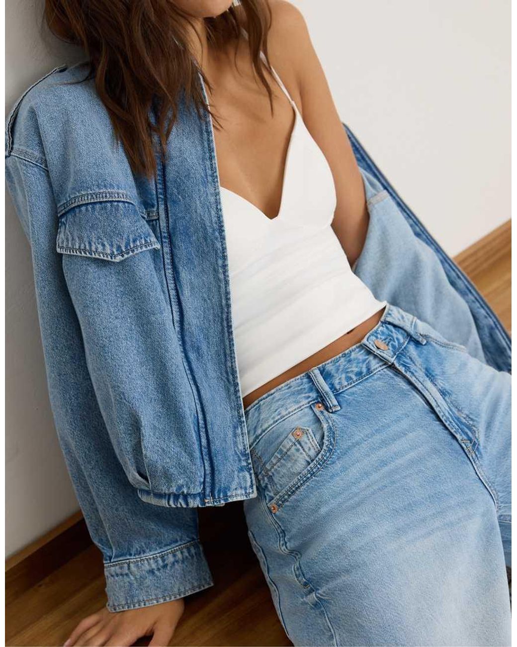 Stradivarius Blue D91 Low Rise Wide Leg Jean