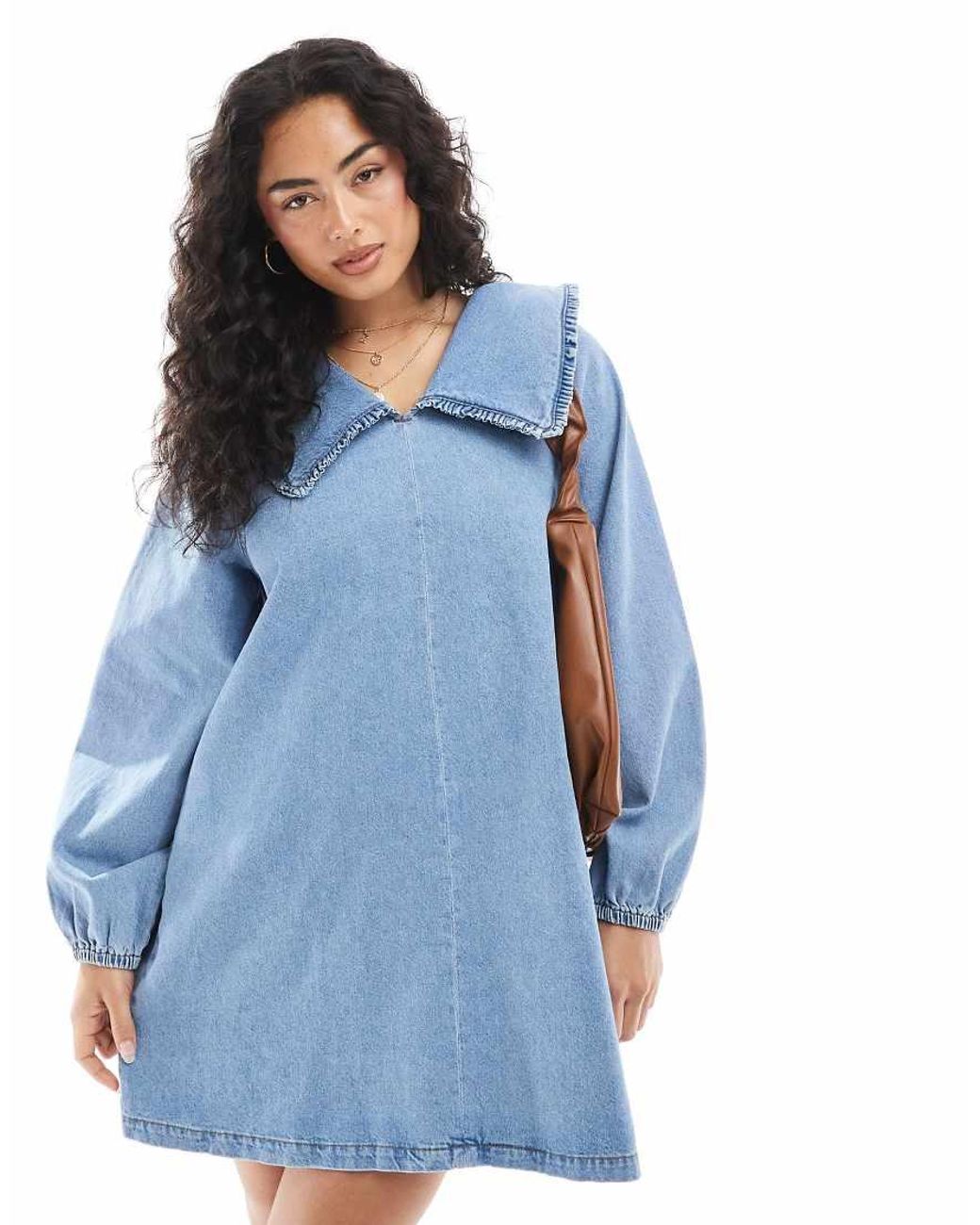 ASOS Denim Mini Jurk Met Oversized Kraag Met Ruches in het Blue