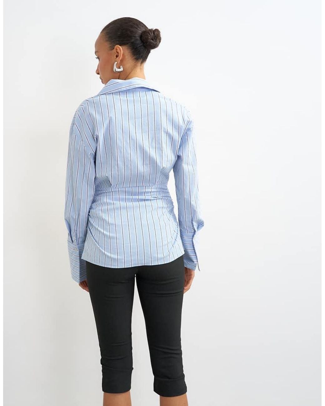 TOPSHOP Blue Striped Poplin Cinch Waist Shirt