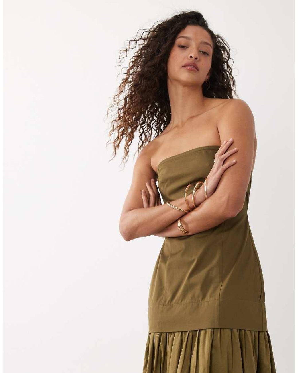 ASOS Green Cotton Sateen Bandeau Maxi Sundress With Dropped Waist Poplin Skirt