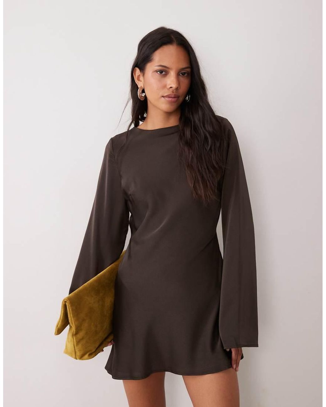 SNDY'S Brown Satin Wide Sleeve Open Back Detail Mini Dress