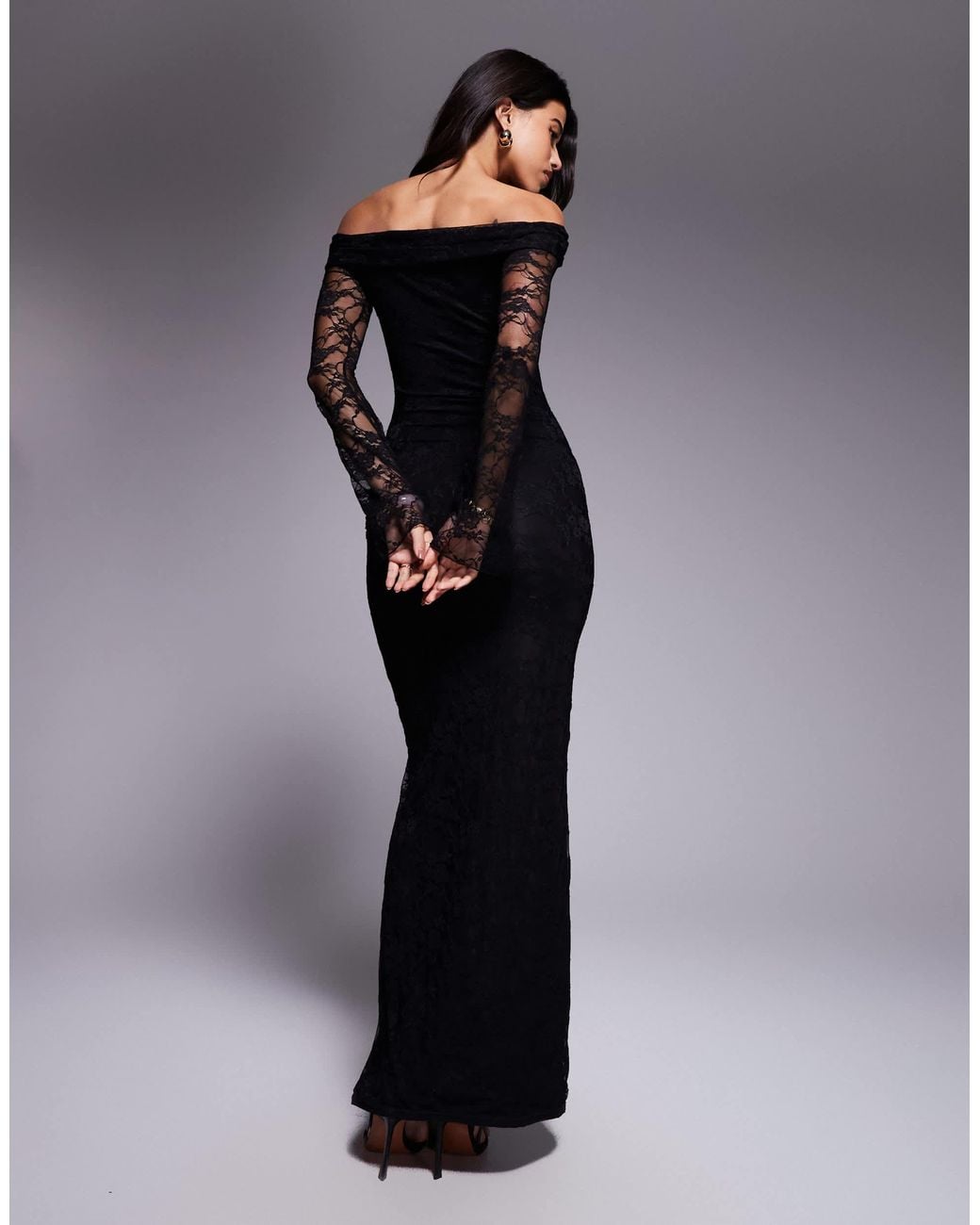 Kaiia Exclusive Double Layered Slinky Lace Bardot Flare Sleeve Tie Waist  Drape Detail Maxi Dress in Blue | Lyst