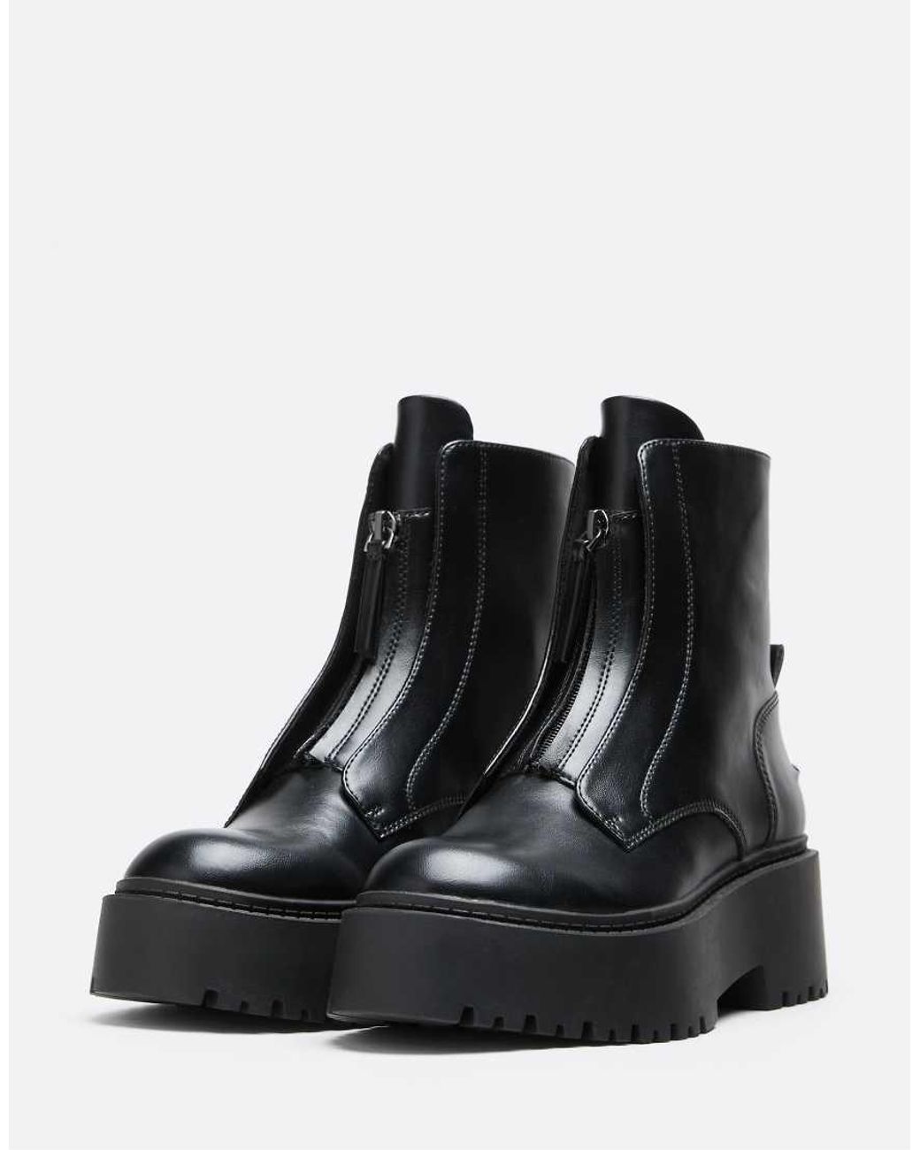 Stradivarius Black Chunky Zip Front Ankle Boots