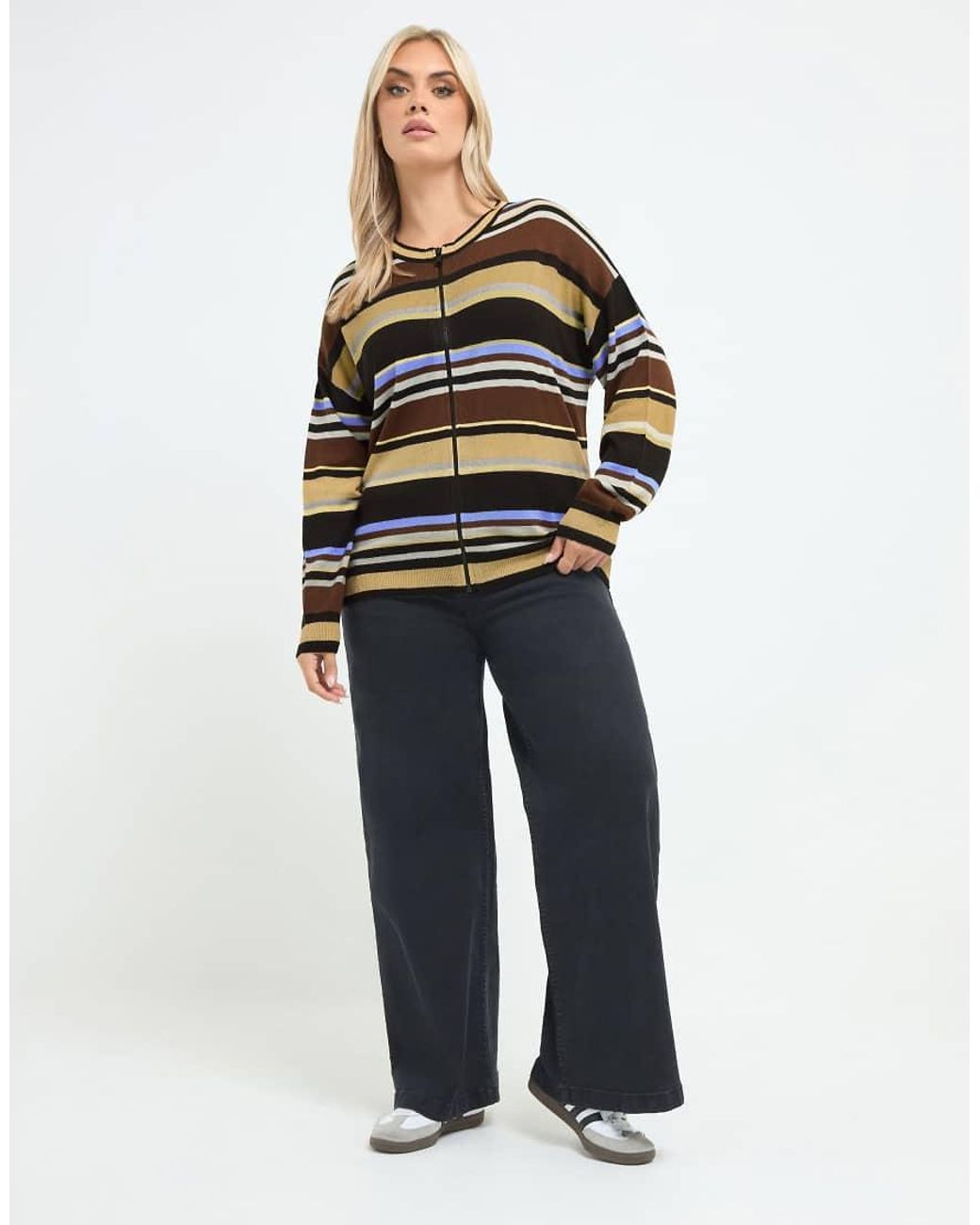Yours Clothing Black Stripe Zip Through Cardigan