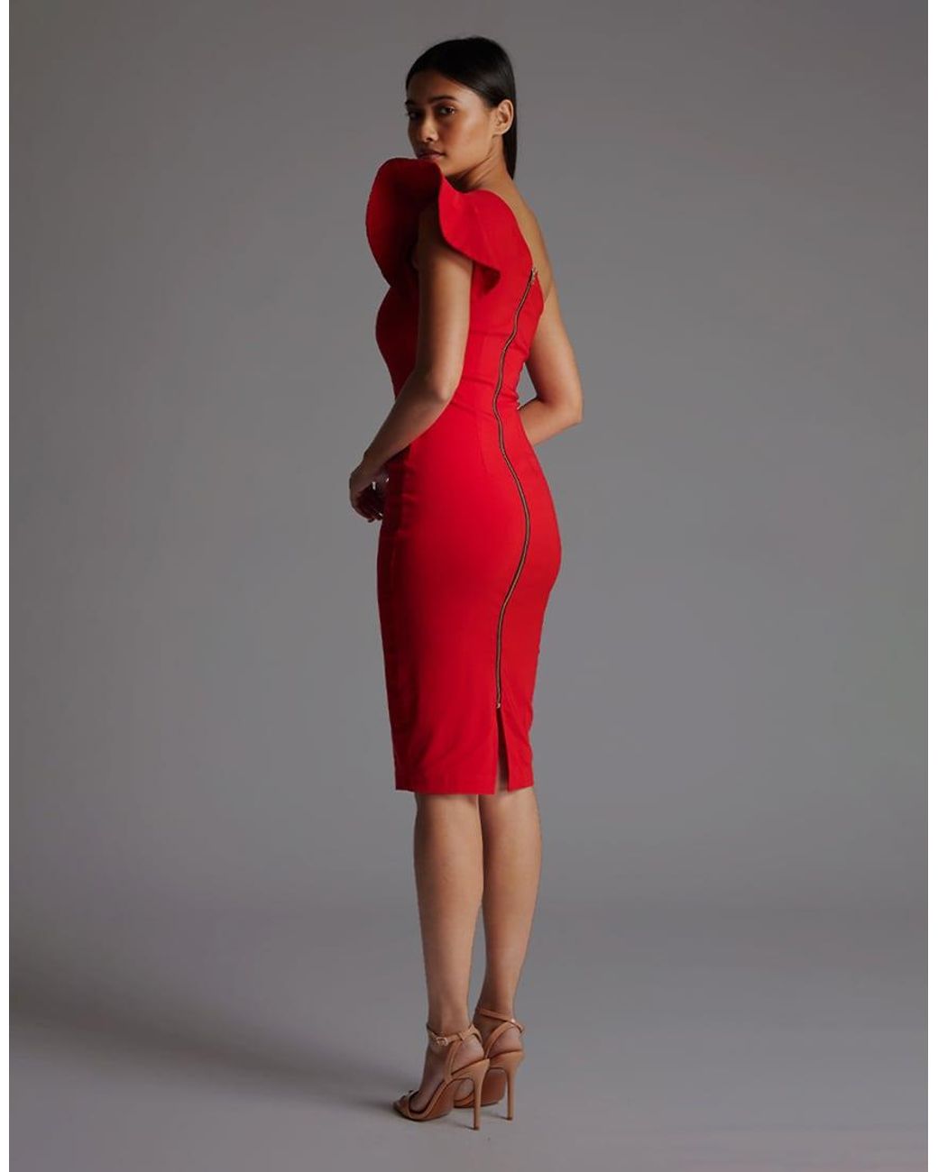 Vesper Red One Shoulder Bodycon Midi Dress With Frill