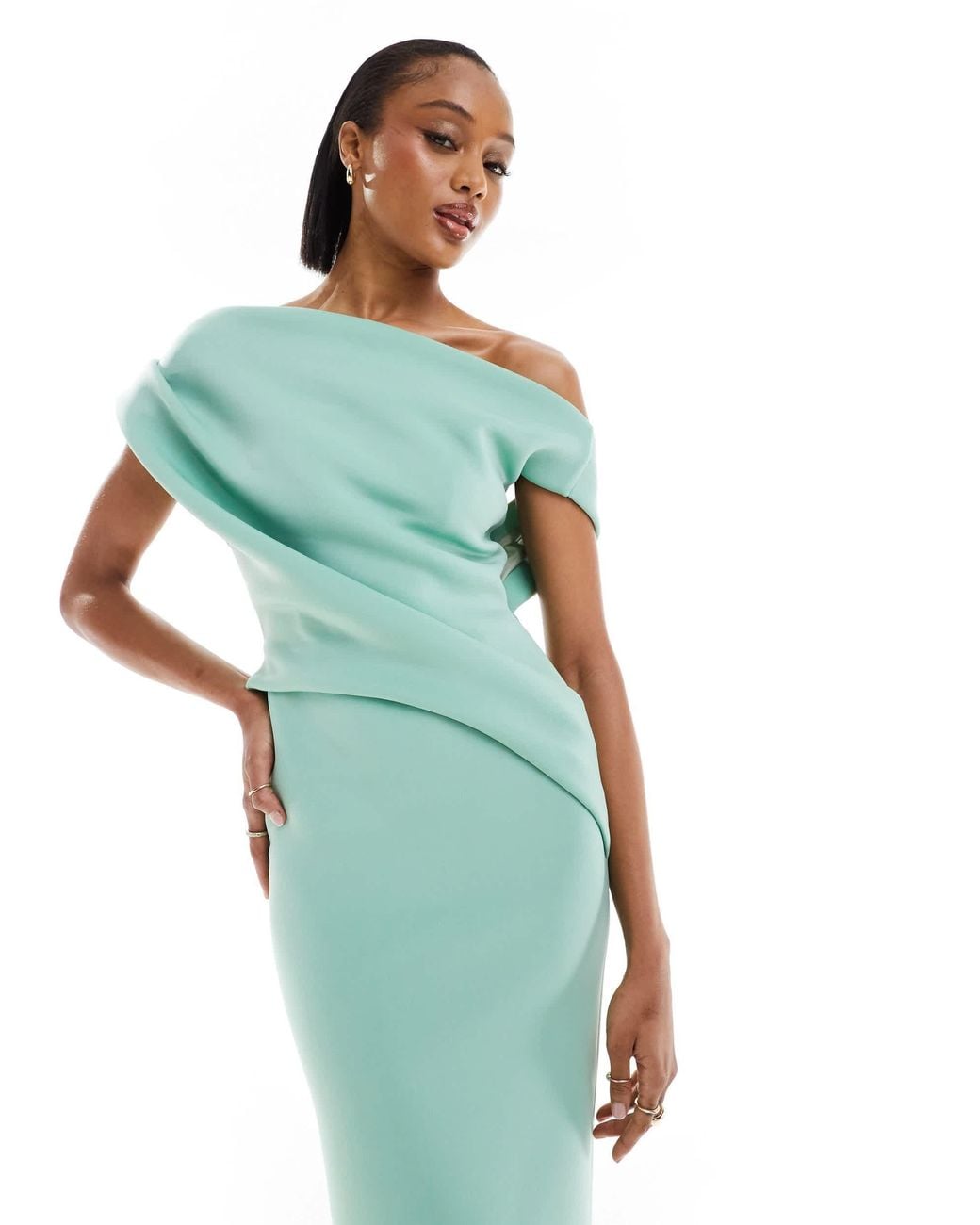 ASOS Asos Design Tall Off Shoulder Pleated Waist Detail Pencil Midi Scuba  Dress in Blue | Lyst