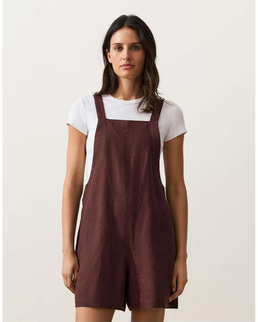 Oysho Brown Short Strappy 100% Linen Jumpsuit