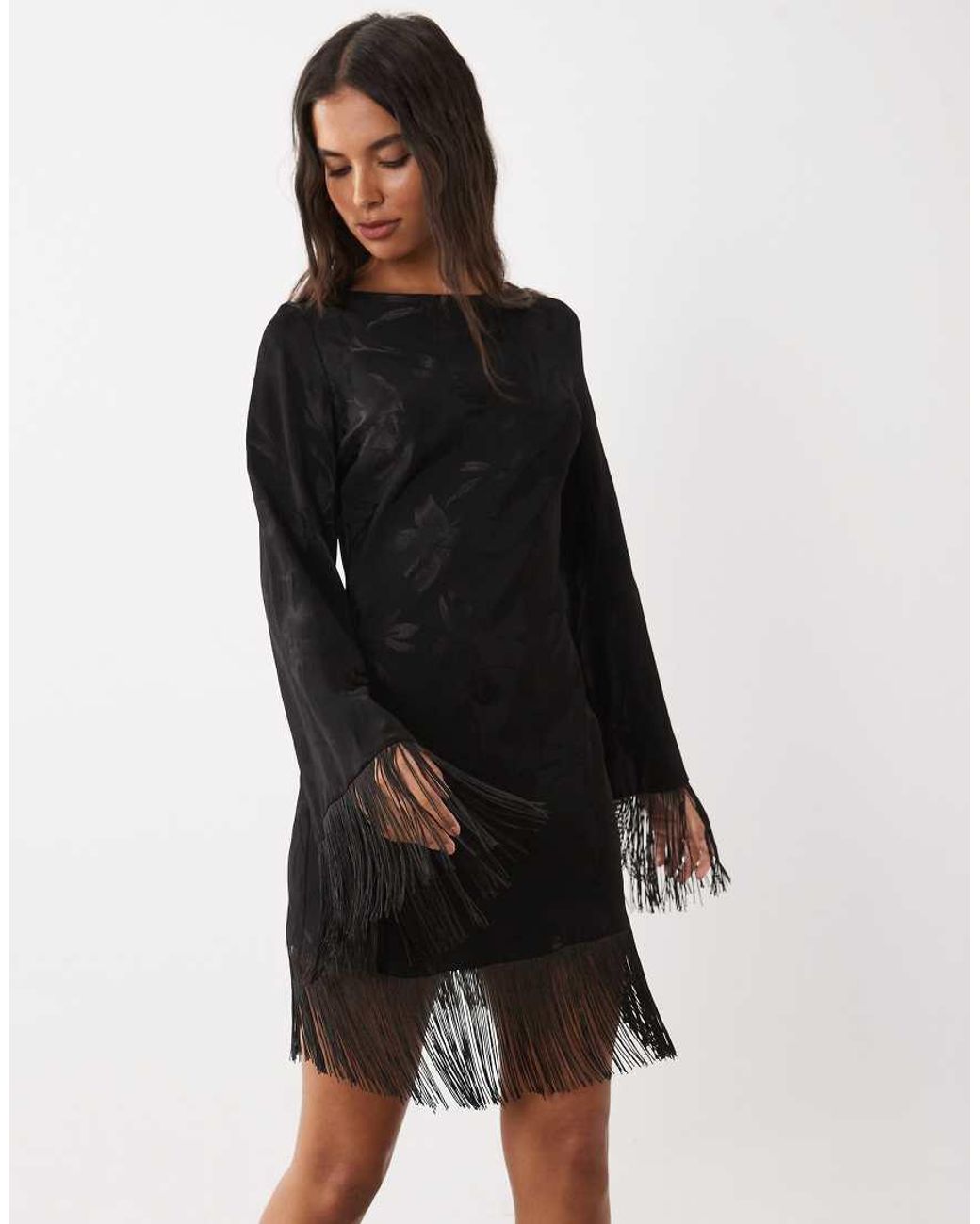 ASOS Black Jacquard Slash Neck Fringed Mini Dress