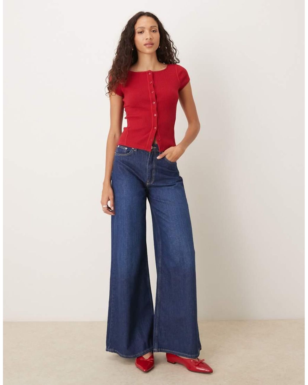 Free People Red Most Wanted Button Through Ribbed T-shirt